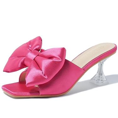 Imagem de Heiyom Sandálias femininas de salto alto salto salto quadrado mules slip on cetim laço salto casamento festa nupcial sapato vestido, Rosa choque, 12