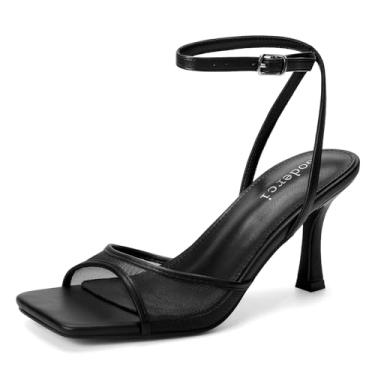 Imagem de Goderci Sapatos femininos de salto agulha Kitten com tiras quadradas, bico aberto, tira no tornozelo, fivela, salto agulha, Malha preta, 38