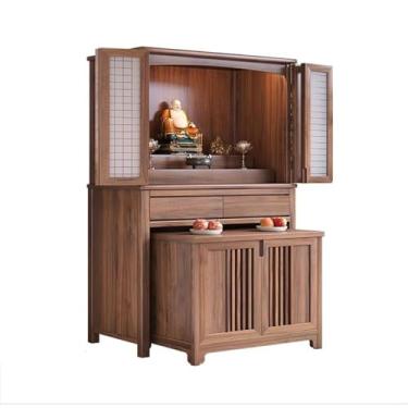 Imagem de KEG801302 Suporte de Santuário Nogueira Preta Novo Estilo Chinês Guan Gong Mesa Oferecedora, com Porta de Vidro Dobrável Buda Nicho Gabinete Mesa Altar