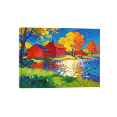 Imagem de BMZFYBS Impressão em tela de arte de parede de paisagem - outono casa árvore rio pintura decoração quadros para sala de estar pronto para pendurar 50x65cm20x26in tela embrulhada