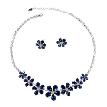 Imagem de Conjunto de joias de casamento de flor de luxo para mulheres com strass azul cintilante colar de cristal brincos 2 peças lindo gargantilha cluster dama de honra festa de formatura coquetel elegante