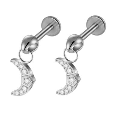 Imagem de 2 peças de pingente de coração e lua borboleta Labret Piercing G23 titânio zircão embutido 16 g brincos tragus cartilagem delicada hélice concha lóbulo lábio monroe piercing joia (pingente prata lua