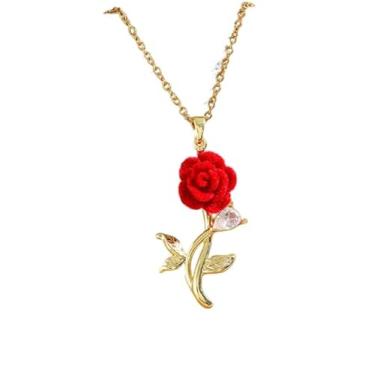 Imagem de Colar com pingente de veludo 3D de flor de rosa vermelha para mulheres, elegante, floral, gargantilha, strass, folhas, corrente ajustável, dia dos namorados, casamento, aniversário, presentes para