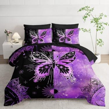 Imagem de Smell Sunshine Jogo de cama com estampa de animais e borboletas, preto, roxo, 1 edredom, 1 lençol de cima, 1 lençol com elástico e 4 fronhas para quarto de meninos e meninas (borboleta-3 King