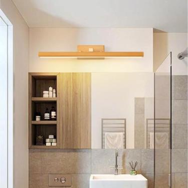 Imagem de Luminária de parede sobre espelho, LED, madeira, para banheiro, arandela giratória, dimerizável, 3 cores, iluminação de parede em madeira para espelho, ideal para banheiro, sala de estar e q