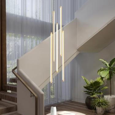 Imagem de Luminária pendente LED moderna para escada, lustre longo giratório com 12 lâmpadas, dimerizável, imitação de madeira, luminária suspensa ajustável para teto oco de sala de estar (5 lâmpadas)
