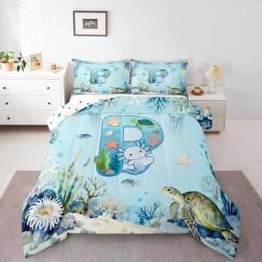 Imagem de Erosebridal Jogo de cama casal azul com letra P, Axolote fofo, desenho animado oceano, vida marinha, monograma, salamandra, conjunto de cama