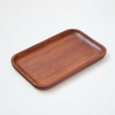 Imagem de Bandeja de servir de madeira para mesas de café, bandejas retangulares de madeira maciça para sobremesas, frutas e lanches, prato de servir cor nogueira para cozinha, barras de festa (20 x 13 cm)