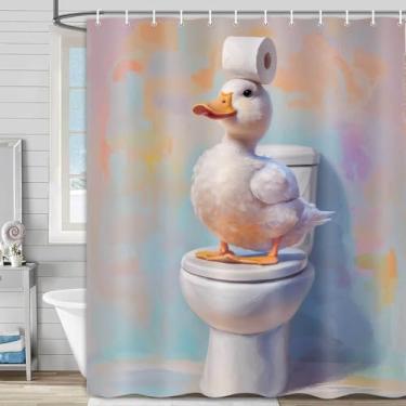 Imagem de Hajmsug Cortina de chuveiro de pato de borracha engraçada, patos fofos de desenho animado em meninas ou meninos, conjunto de banheiro com estampa de animais divertidos, tecido impermeável de poliéster