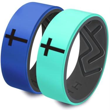 Imagem de XAHH Conjunto de 2 anéis de silicone para homens e mulheres, alianças de casamento de borracha para casais religiosos, cruz, cristãos, clássicos, simples, religiosos, preto, cinza, verde e azul