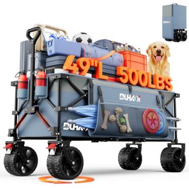 Imagem de Duhkoi Vagão estendido dobrável de 124,5 cm de comprimento com capacidade de peso de 226 kg, vagão esportivo resistente de 300 L, rodas grandes com suportes de copo, carrinho para esportes, mercearia