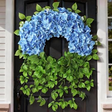 Imagem de Guirlanda de hortênsia artificial para porta da frente do lado de fora – Hortênsia falsa de toque real, guirlanda de flores para primavera, verão, para decoração de casa de fazenda, janela de cornija