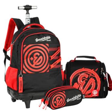 Imagem de Kit Mochila Rodinha Enaldinho Juvenil Escolar Carrinho 360 Notebook (Vermelho) com lancheira e estojo