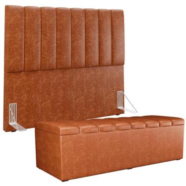 Imagem de Kit Cabeceira Cama Box Casal 140cm e Calçadeira Recamier Baú Dália W01 Couríssimo Camel - Lyam Decor