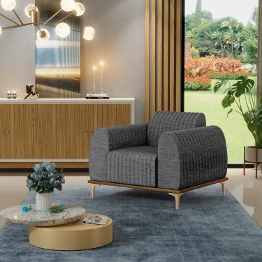 Imagem de Poltrona Decorativa Base De Madeira Com Pés D'Ouro Molino D02 Linho Cinza Escuro C-416 - Lyam Decor