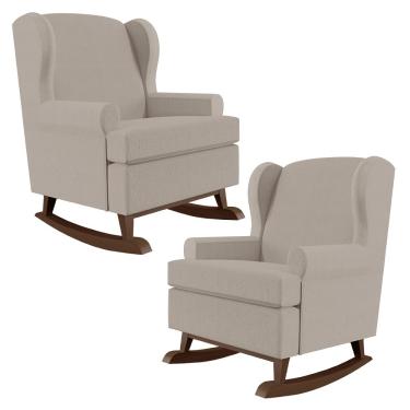 Imagem de Kit 02 Poltronas De Amamentação Com Balanço Malu Base De Madeira P02 Linho Bege - Lyam Decor