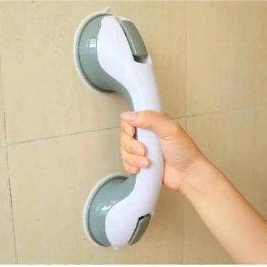 Imagem de Barra de Segurança para Banheiro com Ventosa, Branco e Cinza, PVC, 29cm, Instalação sem Furos, Apoio para Idosos e Crianças