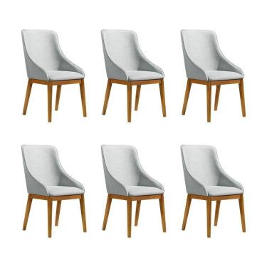Imagem de Kit 6 Cadeiras De Jantar Luxo Estofada Elisa Anatômica Linho Cinza Base Madeira Maciça Mel
