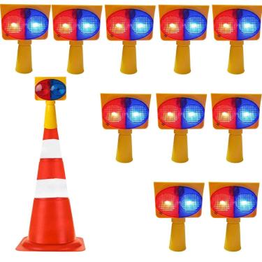Imagem de Sinalizador Viario Solar Kit 10 Duas Cores Cone Aviso Estrada Transito Fiscal Acidente Atençao Emergencia