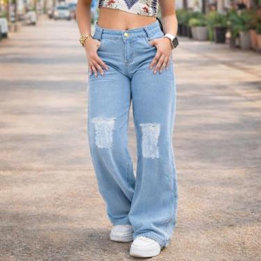 Imagem de Calça Jeans Feminina Pantalona Wide Leg Com Bolsos Infantil Juvenil Me