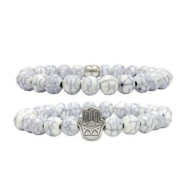 Imagem de Kit 2 Pulseiras de Bolinha Masculina Mão De Fátima Branco Rajado - Gra