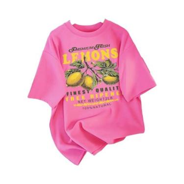 Imagem de Camiseta Feminina Solta De Algodão Com Estampa De Limão, Gola Redonda,