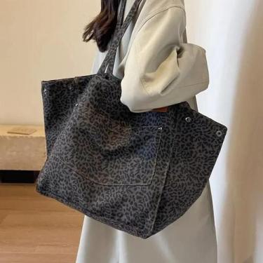 Imagem de Sacola Tote Vintage de Lona com Estampa Leopardo - Grande Capacidade p