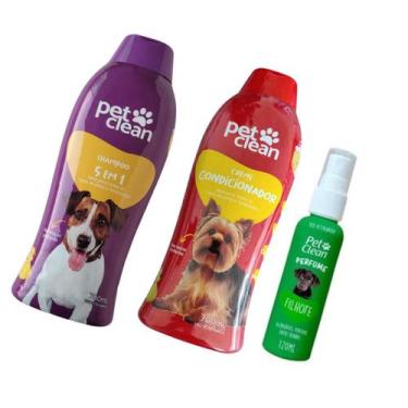 Imagem de Kit Banho Pet Clean Shampoo 5x1 + Condicionador + Perfume Cães Gato Ba
