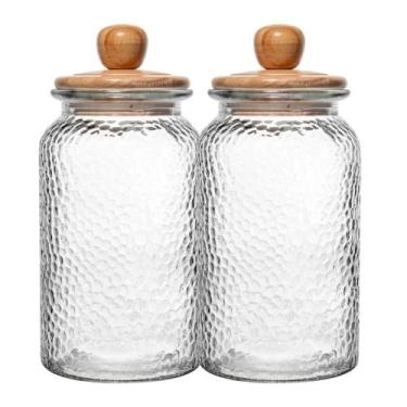 Imagem de Kit 2 Porta Mantimento Pote de Vidro Martelado com Tampa de Bambu 1,3L