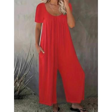 Imagem de Macacão De Verão plus Size Feminino 0XL-5XL Em Cor Sólida Com Bolsos E