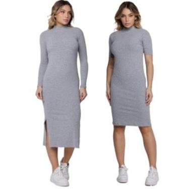 Imagem de KIT 2 Combo Vestido Midi Manga Longa e Curta Bella Fiore Gola Alta Blogueira Canelado M...
