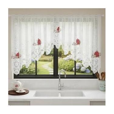 Imagem de Cortina Renda Cascata Cozinha Creme Bule Vermelho 3x1,00 Alt - Interla