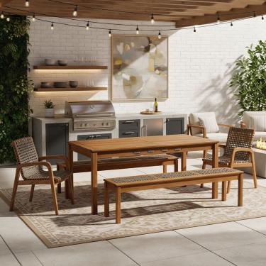 Imagem de Mesa de Jantar Com 02 Bancos de Madeira e 02 Cadeiras com Braço Trammare C07 Corda Rami - Lyam Decor