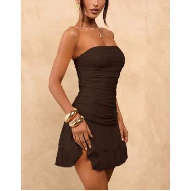 Imagem de Vestido Curto Tule Franzido sem alça Ajustado Babado Moda Festa - SWIS