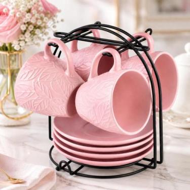 Imagem de Xícaras de Chá Café Rosa com Pires Suporte Organizador - DOLCE HOME