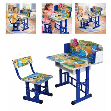 Imagem de Mesa Infantil Ajustável com Cadeira para Estudo Kit Bancada Didática Azul com Porta Objetos Utibom