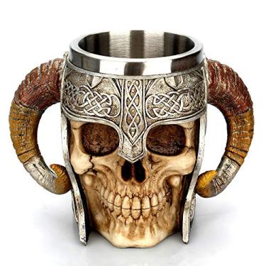 Imagem de Caneca de crânio de aço inoxidável viking copo de bebida esqueleto resina cerveja caneca de café xícara de chá Halloween bar bebedouro presente