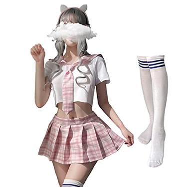 Imagem de SINMIUANIME Roupas Schoolgirl Outfits Saia plissada xadrez japonesa JK Uniforme Cosplay Lingerie (7039Branco Rosa)