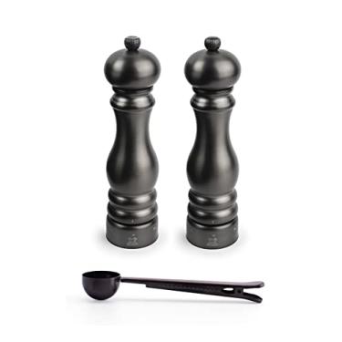 Imagem de Peugeot Conjunto de moinhos de sal e pimenta Paris Chef Carbone u'Select de aço inoxidável 22 cm 9 pol., acabamento em carbono - com colher de especiarias de aço inoxidável / clipe de saco
