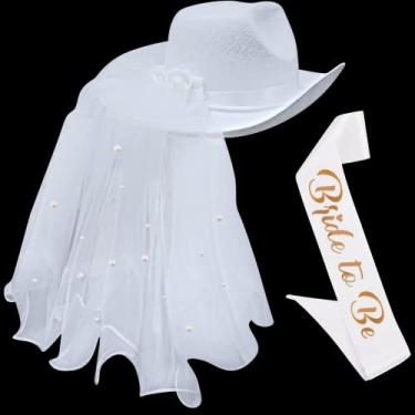 Imagem de Chapéu de vaqueira de noiva com véu e faixa - Chapéu de caubói branco para mulheres da 4E's Novelty