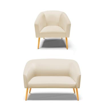 Imagem de Kit 1 Namoradeira E 1 Poltrona Pés Palito Castanho Bege