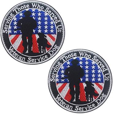 Imagem de Veterans Service Dog para aqueles que nos serviram coletes/arnês militar tático emblema moral emblema bordado fecho de gancho patch para cães animais de estimação 3,15 polegadas de diâmetro 2 peças