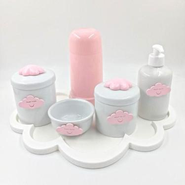 Imagem de Kit Higiene Bebê Porcelana Tema Nuvem Bandeja Mdf Garrafa Rosa 6Pçs -