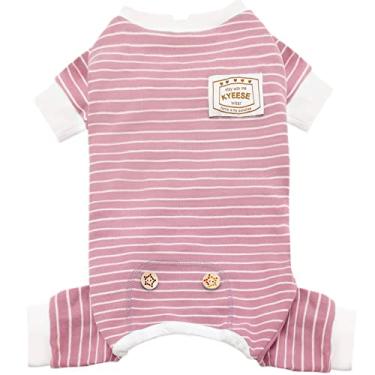 Imagem de KYEESE Pijama de cachorro elástico 4 pernas macacão listrado macacão leve macacão filhote filhote pijama confortável roupas de cachorro capa de queda de cabelo animal de estimação, rosa listrado