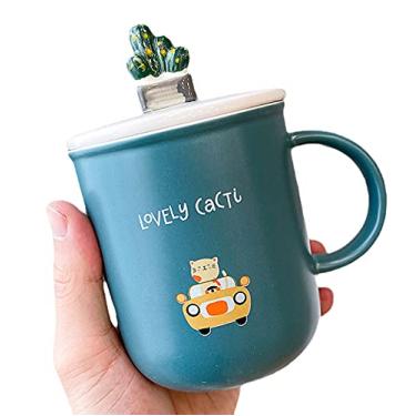 Imagem de seelucky Caneca de cacto verde com tampa de colher estilo nórdico xícara de café de cerâmica xícara de chá presente escritório casa (gato cacto verde, 400 ml)