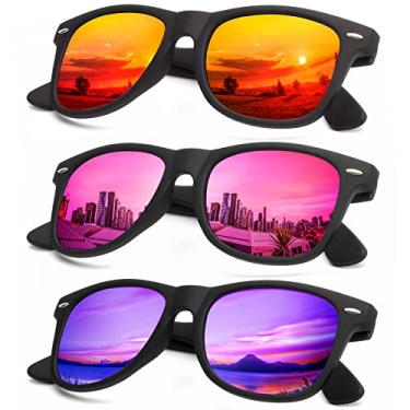 Imagem de KALIYADI Óculos de sol polarizados para homens e mulheres, acabamento fosco, lentes espelhadas, bloqueio UV (pacote com 3), (pacote com 3) laranja/rosa/roxo, Medium