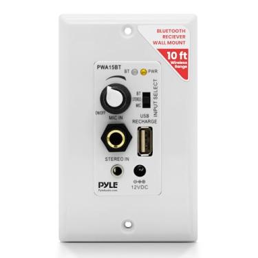 Imagem de Suporte de parede receptor BT sem fio - Receptor de controle de áudio interno de 100W com amplificador integrado, entradas USB/Microfone/Aux (3,5 mm), bloco de terminais de alto-falante, conecte 2 alto-falantes, branco - Pyle PWA15BT