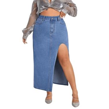 Imagem de Milumia Saia jeans feminina plus size dividida coxa cintura alta maxi saia jeans longa, Azul, Large Plus