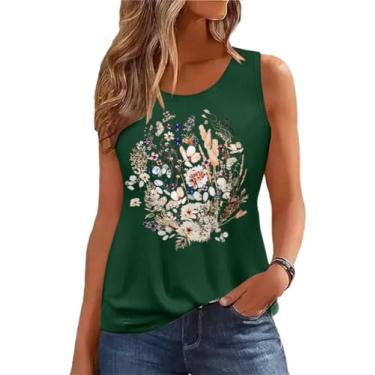 Imagem de Camiseta regata feminina de verão, sem mangas, estampa de flores vintage, boêmio, cottagecore flores silvestres, Verde A, GG