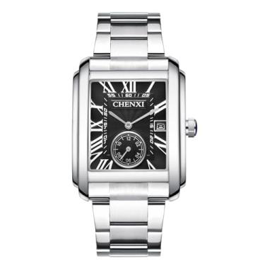 Imagem de Lancardo Relógio de pulso masculino quadrado: relógio de quartzo analógico de aço inoxidável prateado segundo mostrador para negócios casual, Mostrador preto., diariamente